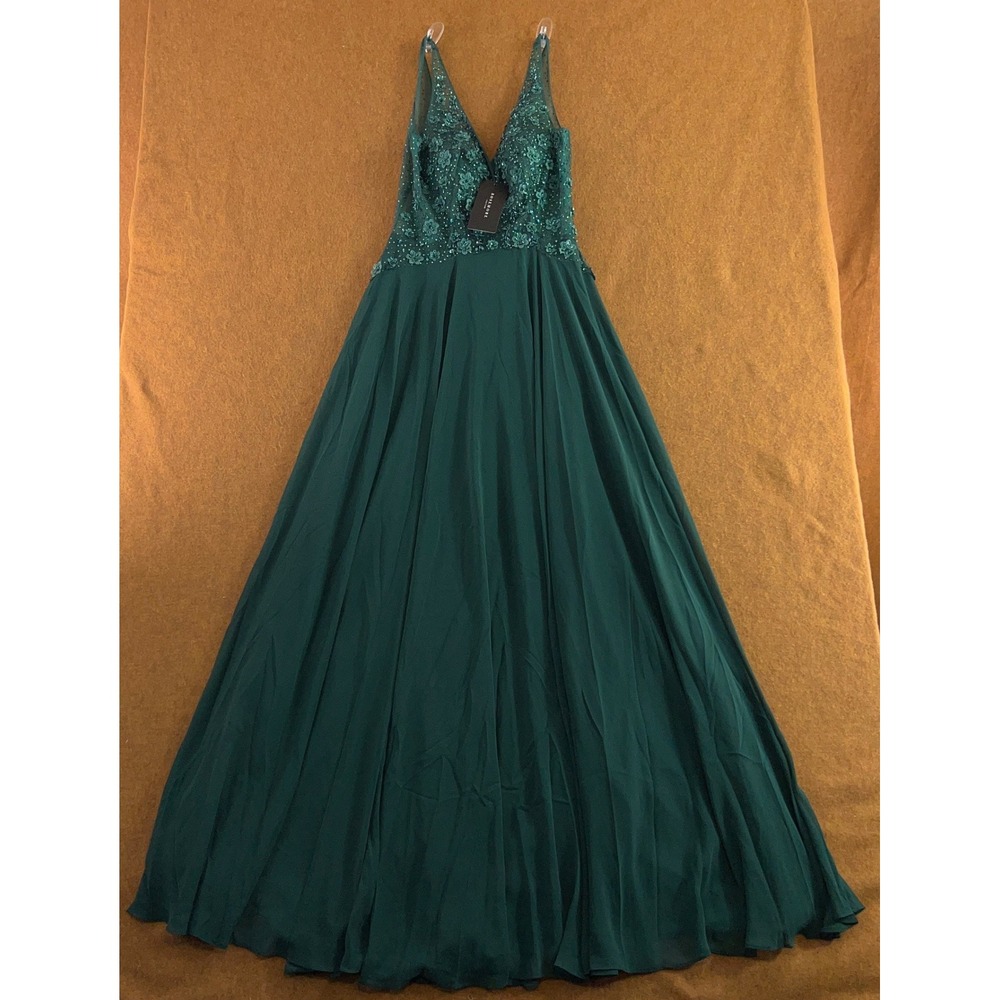 Rosemore Womens M Green Sequin Floral Applique V-Neck Formal Gown W21146 New